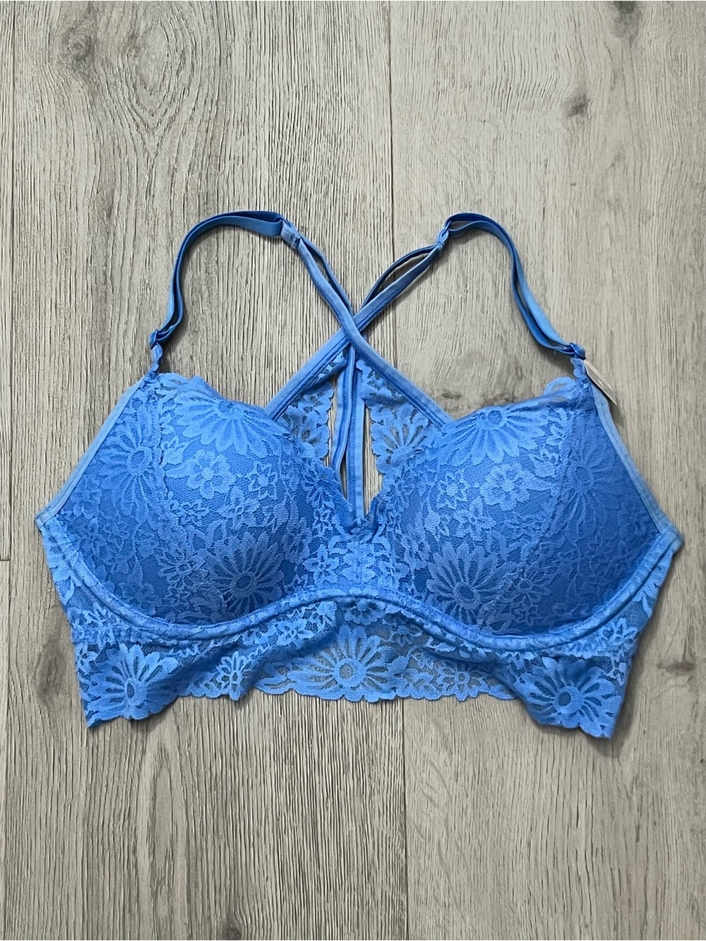 PINK Victoria's Secret Blue Floral Lace Push-Up Bralette with Crisscross Straps